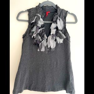 Anthropologie one.september gray jersey knit tank top silk rag ruffle neckline